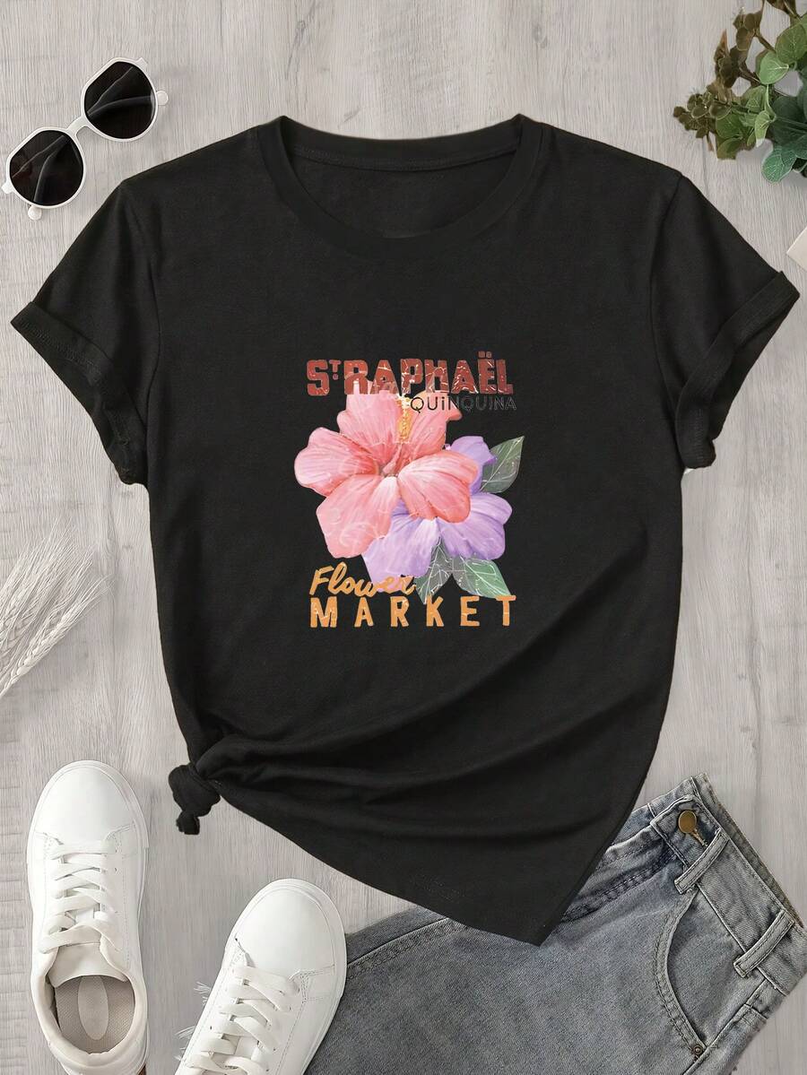 Top de mujer de manga corta y cuello redondo con estampado floral, ideal para todas las estaciones. - Negro - Ver 1