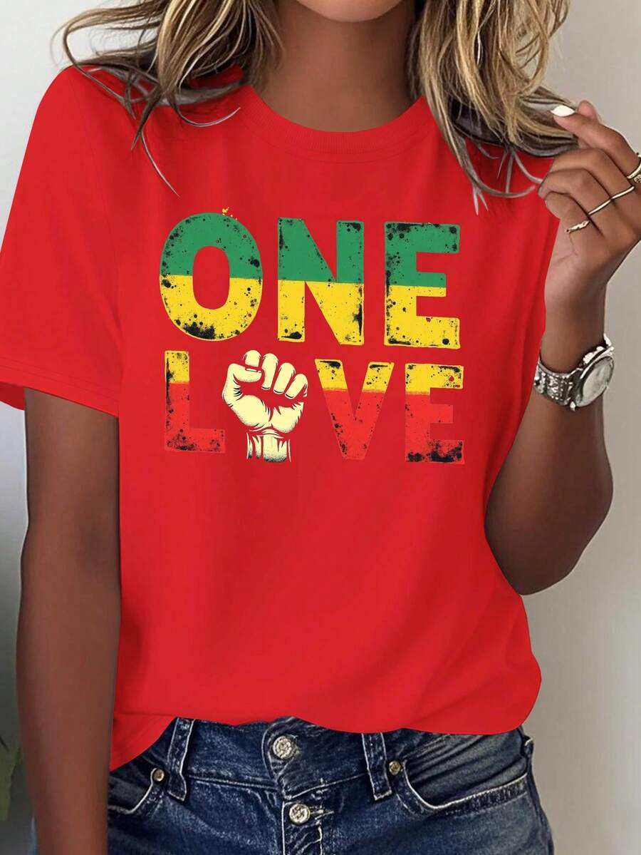 Stylish Everyday Outfits For Women - One Love Style T-Shirt With Cuff Design And Tricolor Pattern - 100% Comfortable Casual T-Shirt With A Crew Neck, Reggae Music Design, And The One Love Logo. Available In Red, Yellow, Green, Black, And White. Machine Washable. A Fashionable Garment Suitable For Everyday Wear And Music Festivals. Loose-Fitting Summer Clothing For Women. - 紅色 - 查看 1