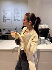 Cardigan Rajut Tebal Longgar Senya untuk Wanita, Sweater Rajut Bertekstur Ribbed dengan Ikatan Depan, Jaket Sweater Serbaguna untuk Musim Dingin, Cocok untuk Musim Gugur - Aprikot - View 8