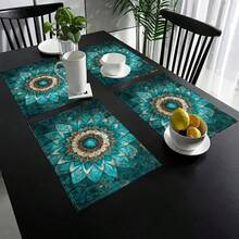 1/2/4/6/8入 藍綠金曼陀羅印花餐墊，18"*12"(45*30cm)，2款華麗花卉與大理石花卉設計，100%聚酯纖維防水防污耐熱可機洗餐桌墊，適用於居家、餐廳、B&B - 彩色 - 查看 7