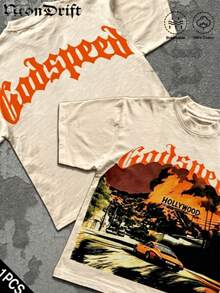 Break The SystemMen's Washed Vintage Crewneck T-Shirt, 100% Cotton 180GSM, Godspeed Highway Car Print, Retro Faded Style, American Streetwear, - 杏色3 - 查看 2