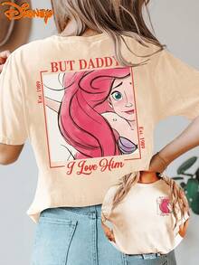 Disney The Little Mermaid1 Ariel Double Sided Print But Daddy I Love Him EST.1989 100% Cotton Crew Neck Short Sleeve Graphic Tee For Women Fans Gift - 杏色 - 查看 1