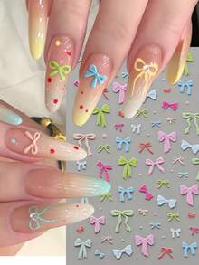 1 Sheet 5D Embossed Colorful Bow Nail Stickers Self-Adhesive Cute Bowknot Nail Art Decals, Pastel Macaron Ribbon Bow Nail Decorations For DIY Manicure Accessories - 彩色 - 查看 1