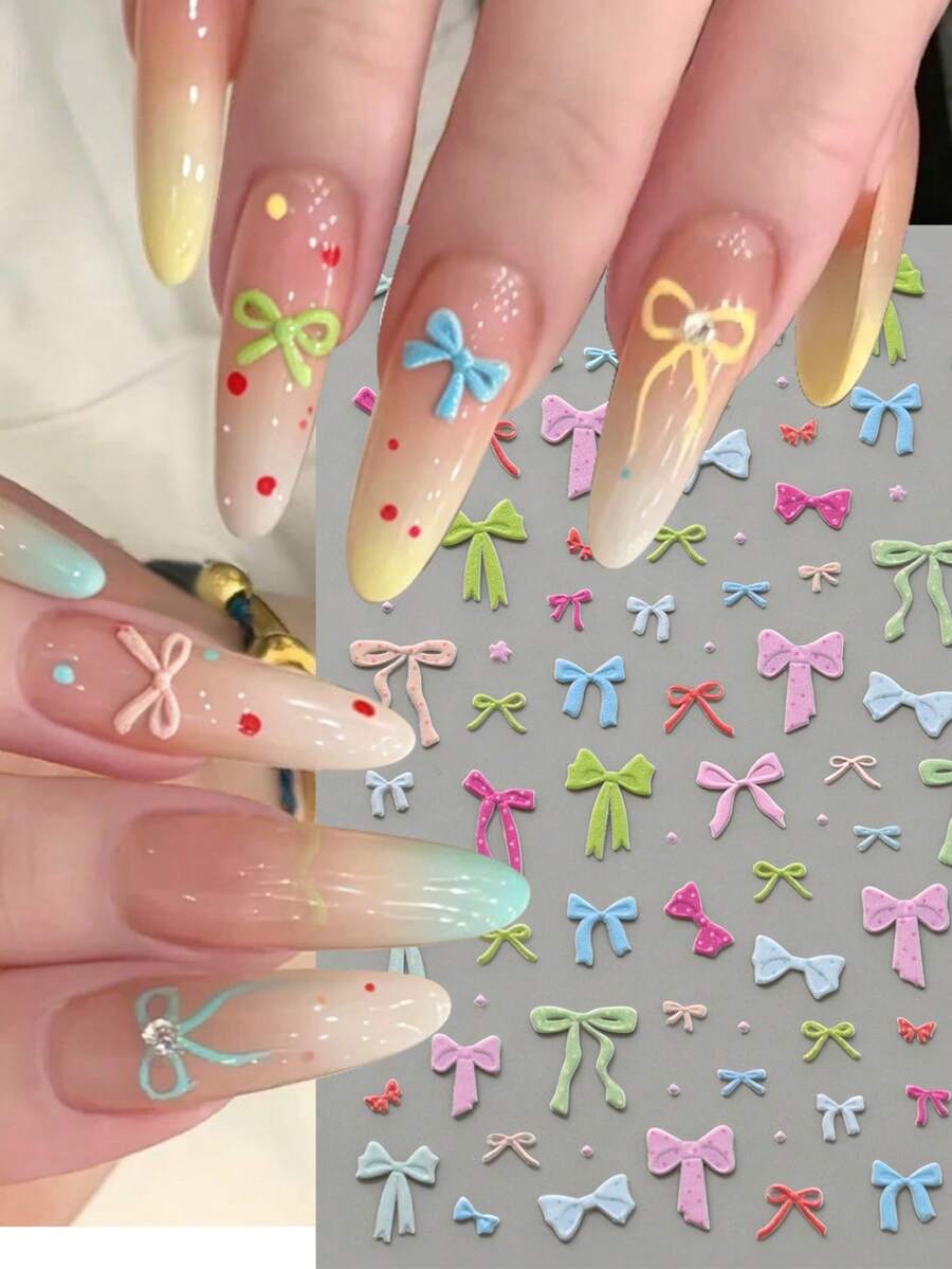1 Sheet 5D Embossed Colorful Bow Nail Stickers Self-Adhesive Cute Bowknot Nail Art Decals, Pastel Macaron Ribbon Bow Nail Decorations For DIY Manicure Accessories - 彩色 - 查看 1