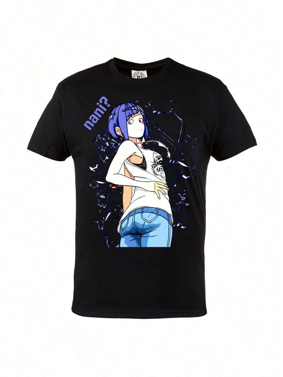 LXF2026 Fashionable Casual Crew Neck T-Shirt, Cotton, With Anime Print Of A Girl With Blue Hair And The Text "Nani", For Urban, Lounge, And Activewear. Perfect Gift. Machine Washable. Comfortable For All Seasons. 100% Pure Cotton. Lightweight, Breathable. Hip Hop Style. Urban, Lounge, Activewear, And Drippy Style. XIAM - 黑色 - 查看 1