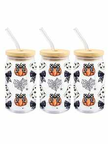 3件組萬聖節可愛幽靈南瓜骷髏蜘蛛網 DIY UV DTF 水晶貼紙 16oz Libbey 玻璃杯轉印貼花、馬克杯、保溫杯裝飾貼紙，防水耐刮，適用於任何硬質表面轉印貼紙，萬聖節派對居家裝飾 - 彩色 - 查看 4