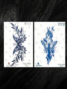 2張紙質蝴蝶星星創意圖案草本臨時紋身貼紙，防水防汗Y2K極簡風格設計臨時紋身，適用於手指、手掌、手臂，適合女性 - 藍色 - 查看 9