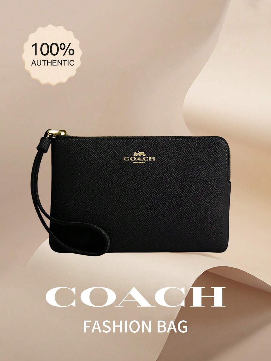 Coach Corner Zip 15/16 Monogram Wristlet Zip Short Wallet With Heart Charm Women's Wrist Strap Card Phone Purse - Black - View 1