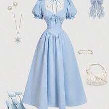 MOD Vestido midi elegante de manga corta para mujer con escote en forma de corazón retorcido AG - Blanco - Ver 5