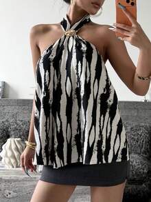 Women's Zebra Print Halter Neck Backless Mini Dress, Summer Vacation Sleeveless Flowy Beach Dress Casual - Black and White - View 9