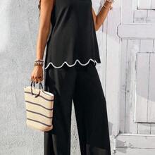 WNSS  Conjunto de 2 piezas de top de tirantes con ribete de concha y pantalones casuales de maternidad para vacaciones - Negro01 - Ver 4