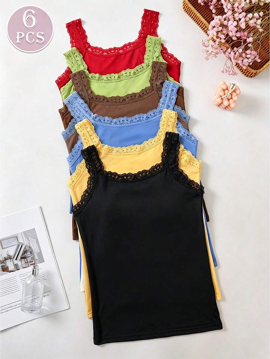 6pcs/Set Women Solid Color Lace Trim Decor Crew Neck Sleeveless Tank Top Vest Camisole - Nhiều màu 1 - Xem 1