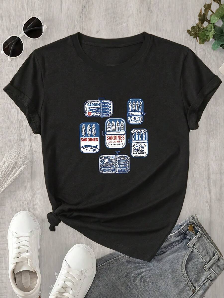 Un conjunto de seis camisetas de manga corta y cuello redondo para mujer con diferentes estampados de libros, aptas para todas las estaciones. - Negro - Ver 1