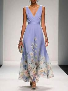 Elegant Women's V-Neck Chiffon Floral Blouse Dress, A-Line Dress With A Fitted Waist And Flowing Style For Vacation, Garden, And Tea Party Occasions - 紫色 - 查看 1