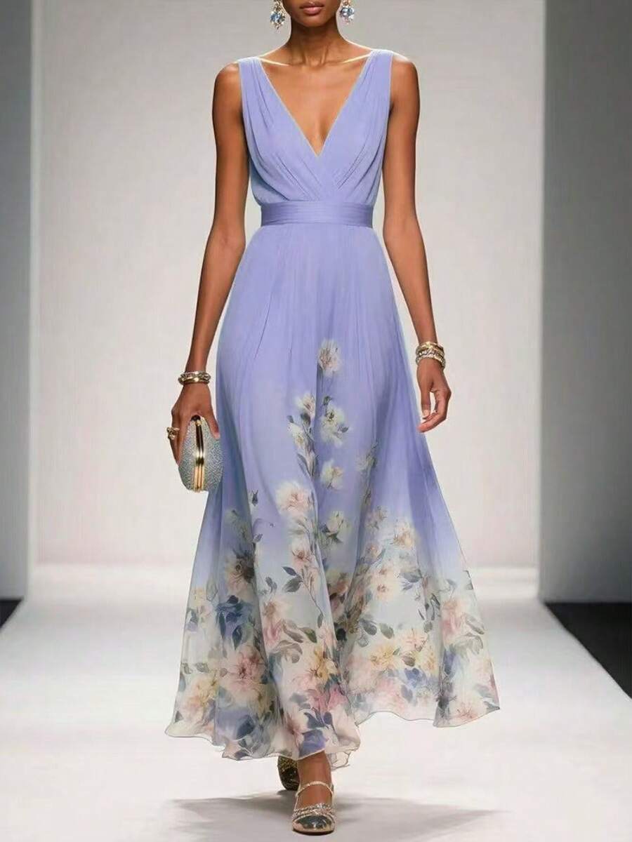 Elegant Women's V-Neck Chiffon Floral Blouse Dress, A-Line Dress With A Fitted Waist And Flowing Style For Vacation, Garden, And Tea Party Occasions - 紫色 - 查看 1