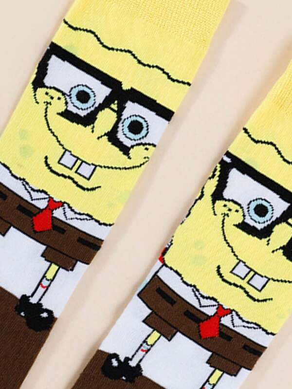 1 Pair SquarePants Mr. Krabs Cartoon Crew Socks, For Streetwear & Casual Looks, Cute For School Uniform & Daily Wear