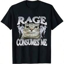 Funny Cat Meme T-Shirt For Men – 'Tummy Ache Survivor' Sarcasm Humor, 100% Cotton, Casual Round Neck Tee, Lightweight & Breathable, Perfect For Daily Wear, Travel & Fitness, Daily Wear Tee| Playful Print Tee| Comfortable Fit Shirt, Cat ShirtShort Sleeves Suitable For All Ages  Hombres  Mens Shirts  Camisetas Para Hombre - 黑色6 - 查看 1