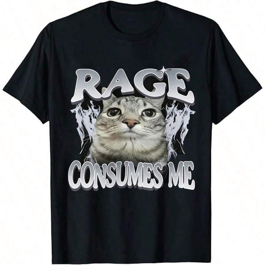 Funny Cat Meme T-Shirt For Men – 'Tummy Ache Survivor' Sarcasm Humor, 100% Cotton, Casual Round Neck Tee, Lightweight & Breathable, Perfect For Daily Wear, Travel & Fitness, Daily Wear Tee| Playful Print Tee| Comfortable Fit Shirt, Cat ShirtShort Sleeves Suitable For All Ages Hombres Mens Shirts Camisetas Para Hombre - 黑色6 - 查看 1