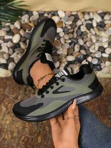 AOSEIN Women's Plus Size Wide Toe Box Athletic Shoes, Fabric Lace-Up Mesh Breathable Patchwork Soft Sole Lightweight Sneakers, Suitable For Casual Wear - Army Green - View 5