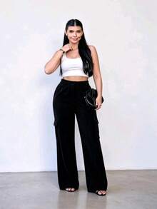 Comfortable Velvet Cargo Wide-Leg Pants For Winter - Negro - Ver 4