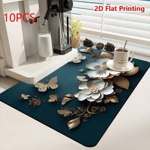 1/10Pcs Alfombrilla de Secado de Platos con Flor Plana 2D para Encimera de Cocina, Alfombrilla de Diatomita Antideslizante, Alfombrilla Absorbente para Café, Alfombrilla de Secado de Platos de Moda para Encimera de Cocina Accesorios de Barra de Café Máquina de Espresso Escurridor de Platos - verde menta - Ver 12