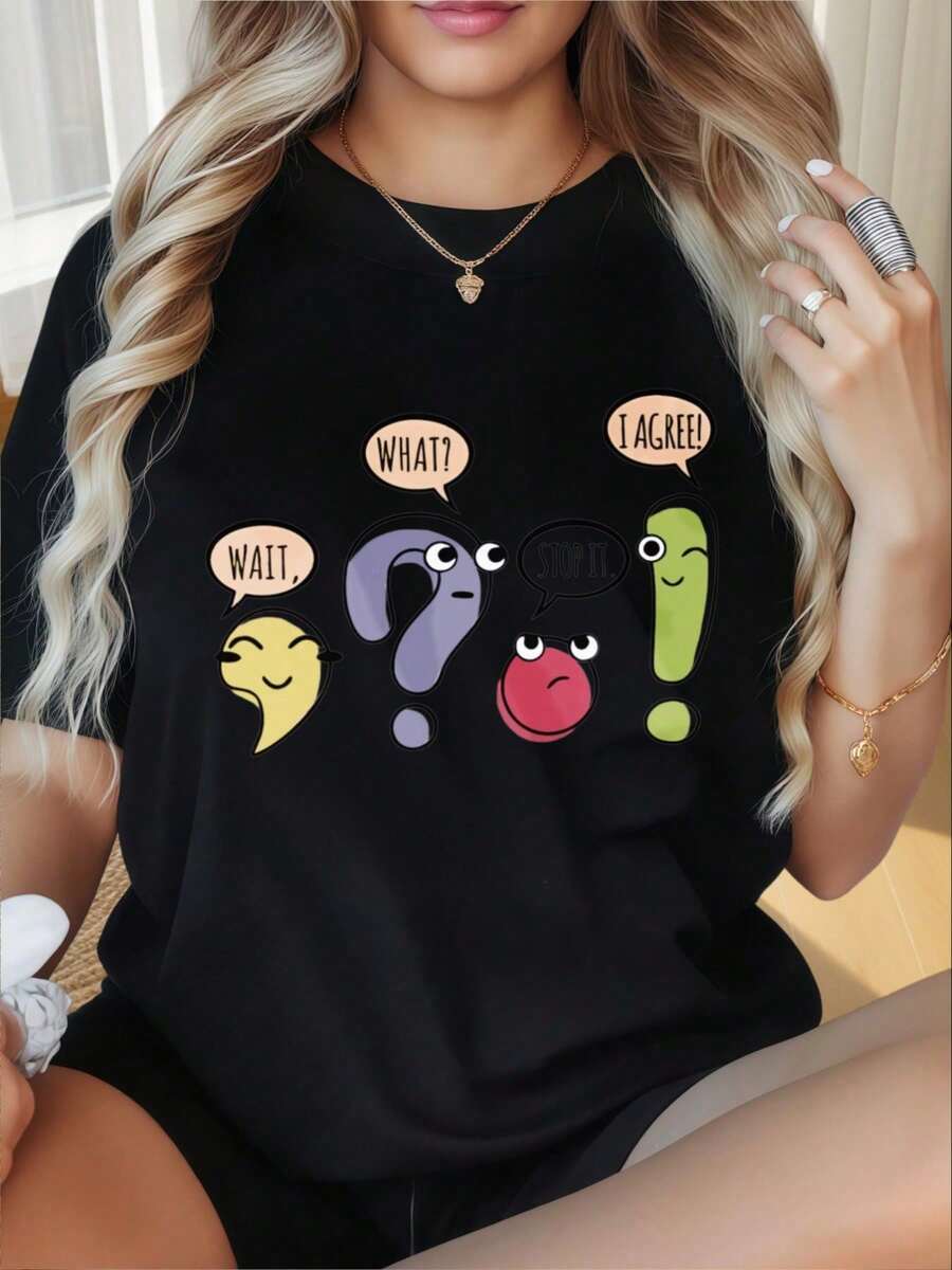 Women's Casual T-Shirt With A Round Neck And Short Sleeves, Featuring A Fun Print. Cute Graphic Tee With The "Wait What Stop It I Agree" Design. A , Casual Graphic Tee, Suitable For Valentine's Day, Christmas, Parties, Sports Activities, Holidays, Outings, And Other Festive Gifts. Fashionable - 黑色 - 查看 1