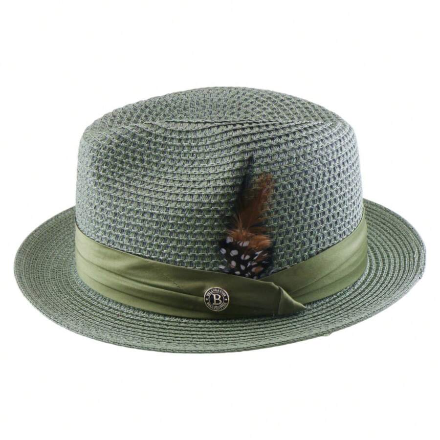 Men's Straw Fedora Hat With Satin Band & Feather, Breathable Woven Summer Casual Sun Hat For Beach And Daily Wear Father's Day Gifts - Olive Green - View 1