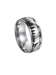1pc Fashion Bear & Paw Print Ring, Wolf In Forest Stainless Steel Ring For Men - Silver - View 13