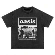 1 Piece OASIS Oasis Band, British Rock Brand, Short Sleeve T-Shirt, Literary Style, Urban, Heavyweight, Loose Fit, Personalized, For Men And Women, Summer, 180g, 100% Cotton. - 黑色 7 - 查看 1