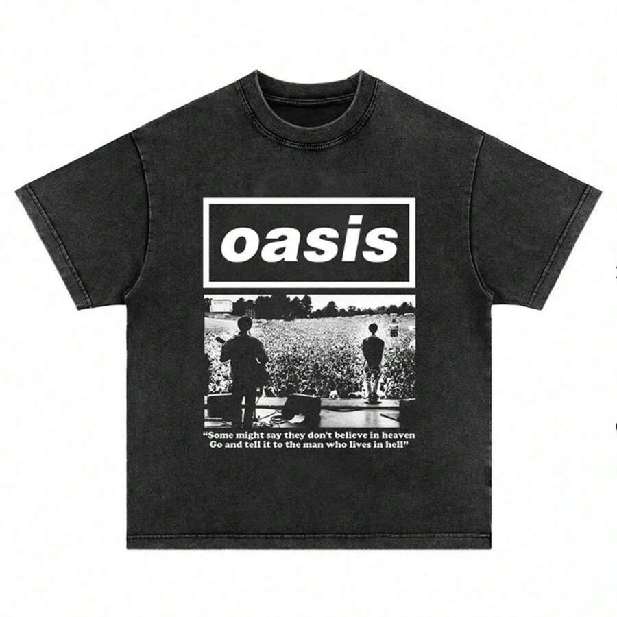 1 Piece OASIS Oasis Band, British Rock Brand, Short Sleeve T-Shirt, Literary Style, Urban, Heavyweight, Loose Fit, Personalized, For Men And Women, Summer, 180g, 100% Cotton. - 黑色 7 - 查看 1