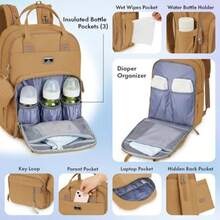 Mochila para pañales con cambiador portátil estuche para chupete y correas para cochecito - Canela - Ver 4