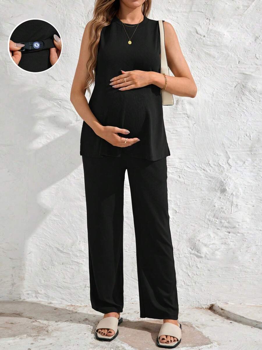 Conjunto de 2 piezas de camiseta sin mangas con cuello redondo y abertura lateral elegante y pantalones rectos de cintura ajustable para embarazadas - Negro - Ver 1