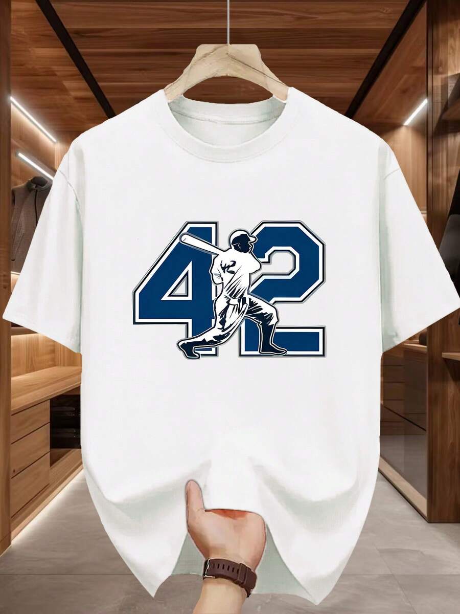 2026 Size 42 Vintage Sporty Men'S Crewneck T-Shirt, A Must-Have Fashion EssentialLoose Fit Stylish Streetwear - White - View 1