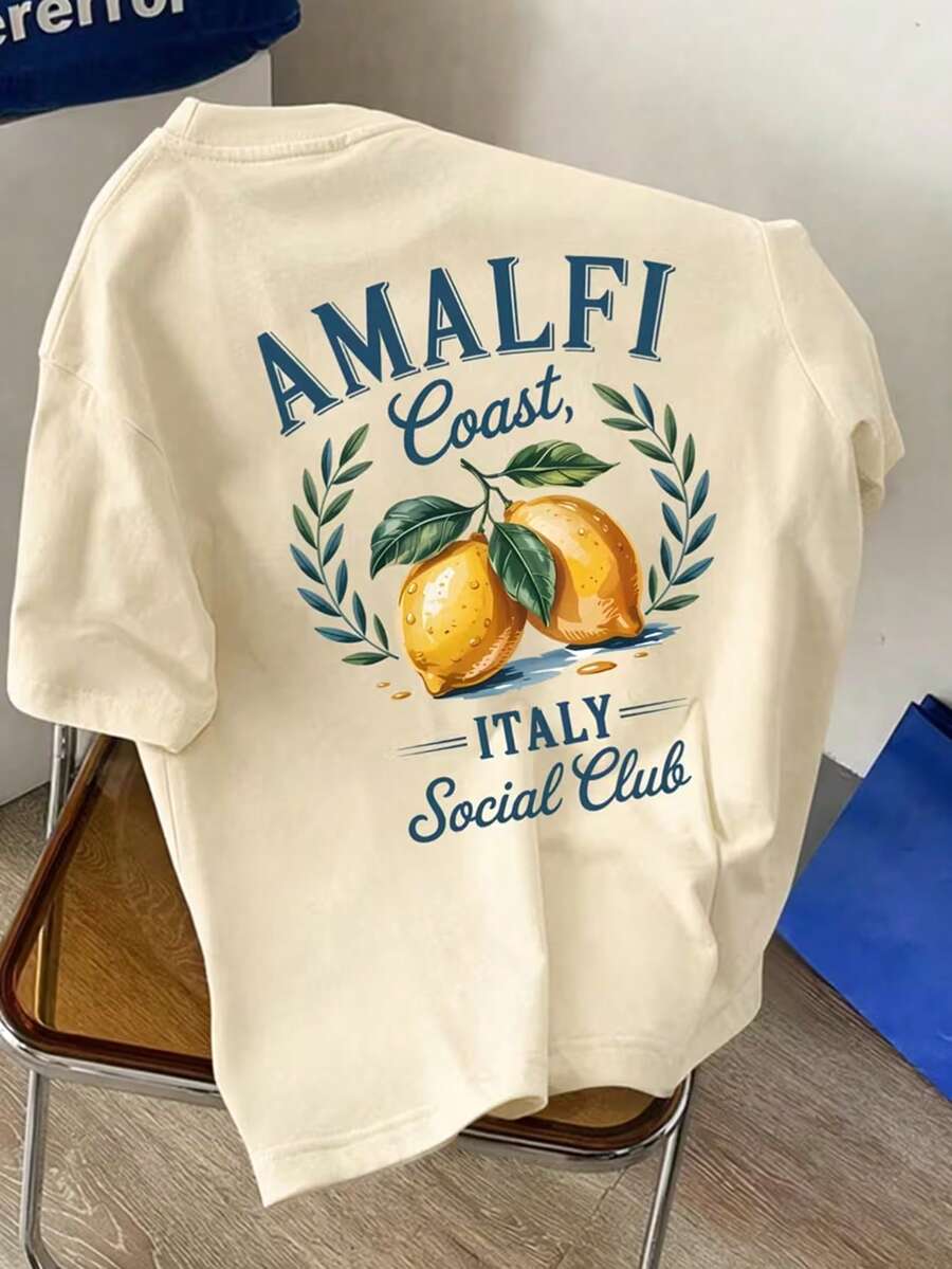 Camiseta de Manga Curta Gola Redonda com Estampa Divertida Casual para Menino Pré-Adolescente, Top de Verão - Damasco - Visão 1