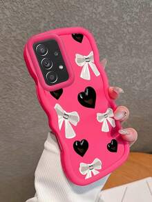 1pc Y2K Black Heart Silver Bow Pattern Macaron Dopamine Color Soft TPU Wavy Edge Phone Case Compatible With Galaxy A03 A04 A05 A06 A11 A12 A13 A14 A15 A16 A20S A21S A22 A23 A24 A25 A26 A31 A32 A33 A34 A35 A36 A50 A51 A52 A53A54 A55 A56 A73 S20FE S21FE S22 S22U S23 S23+ S23U S233FE S24 S24+ S24U S25 S25+ S25U/ Note 11 Note 12 Note 13 Note 14 /Samrt/Honor/Y7 Y9/Ealme C53 C55 - Hot Pink - View 1