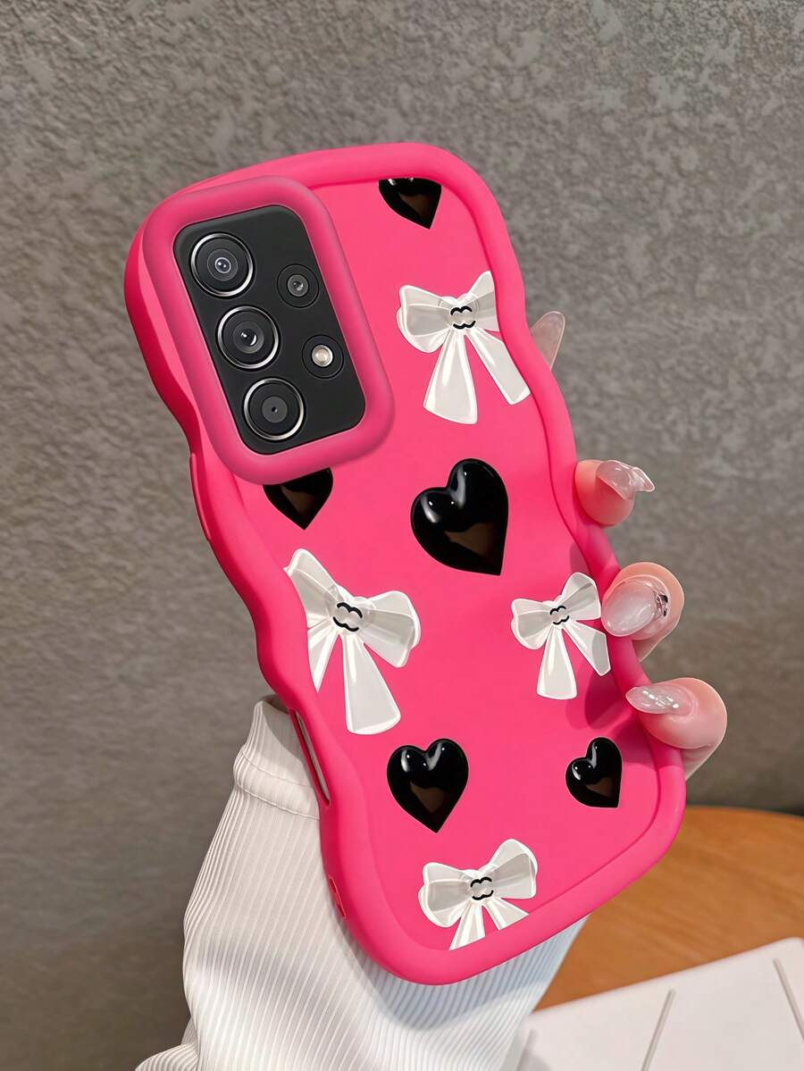 1pc Y2K Black Heart Silver Bow Pattern Macaron Dopamine Color Soft TPU Wavy Edge Phone Case Compatible With Galaxy A03 A04 A05 A06 A11 A12 A13 A14 A15 A16 A20S A21S A22 A23 A24 A25 A26 A31 A32 A33 A34 A35 A36 A50 A51 A52 A53A54 A55 A56 A73 S20FE S21FE S22 S22U S23 S23+ S23U S233FE S24 S24+ S24U S25 S25+ S25U/ Note 11 Note 12 Note 13 Note 14 /Samrt/Honor/Y7 Y9/Ealme C53 C55 - Hot Pink - View 1