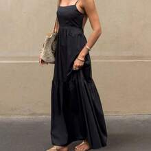 dagjydgfyja Vestido bohemio de mujer con tirantes finos, espalda descubierta y volantes en el bajo, de unicolor, ligero y transpirable, perfecto para vacaciones, ocio y actividades al aire libre, elegante para fiestas de verano - Rojo - Ver 3