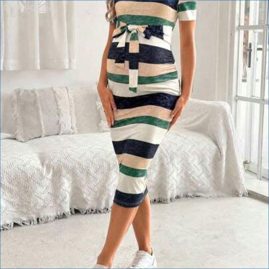 HENG
Vestido largo de punto elástico de maternidad con estampado de rayas de colores - Verde - Ver 1