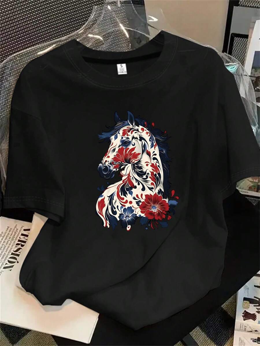 Manga corta con cuello redondo para mujer Una manga corta con estampado de caballo con flores rojas y azules en la parte superior, adecuada para todas las estaciones - Negro - Ver 1