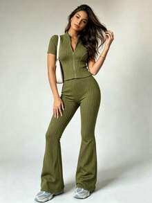 Women's Yoga Set: Short-Sleeve Zip-Up Jacket And High-Waisted Flare Pants - Breathable, 4-Way Stretch, Suitable For Yoga, Pilates, And Gym Workouts (Available In Various Colors And Sizes) Black Summer Sports - 軍綠色 - 查看 4