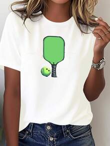 Women's Pickleball T-Shirt - 100% Comfortable, Featuring A Racket And Ball Design, Heartbeat Lines, And Racket Prints. Casual Crew Neck, Perfect For Pickleball Enthusiasts. Suitable For All Seasons. Green And Black, Machine Washable, Loose Fit, Geometric Design, Breathable Fabric, Suitable For Casual Wear And Activities. 100% Cotton - 白色 - 查看 1