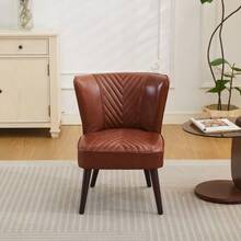 Armless Lounge Chair In Light Brown Genuine Leather – Solid Rubberwood Base, Modern Comfort - 棕色1 - 查看 7