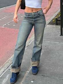 MYOURSA Women's Straight Leg Jeans, Distressed Washed Y2K Style, Casual Streetwear Summer, Vintage Blue - Light Wash - View 3