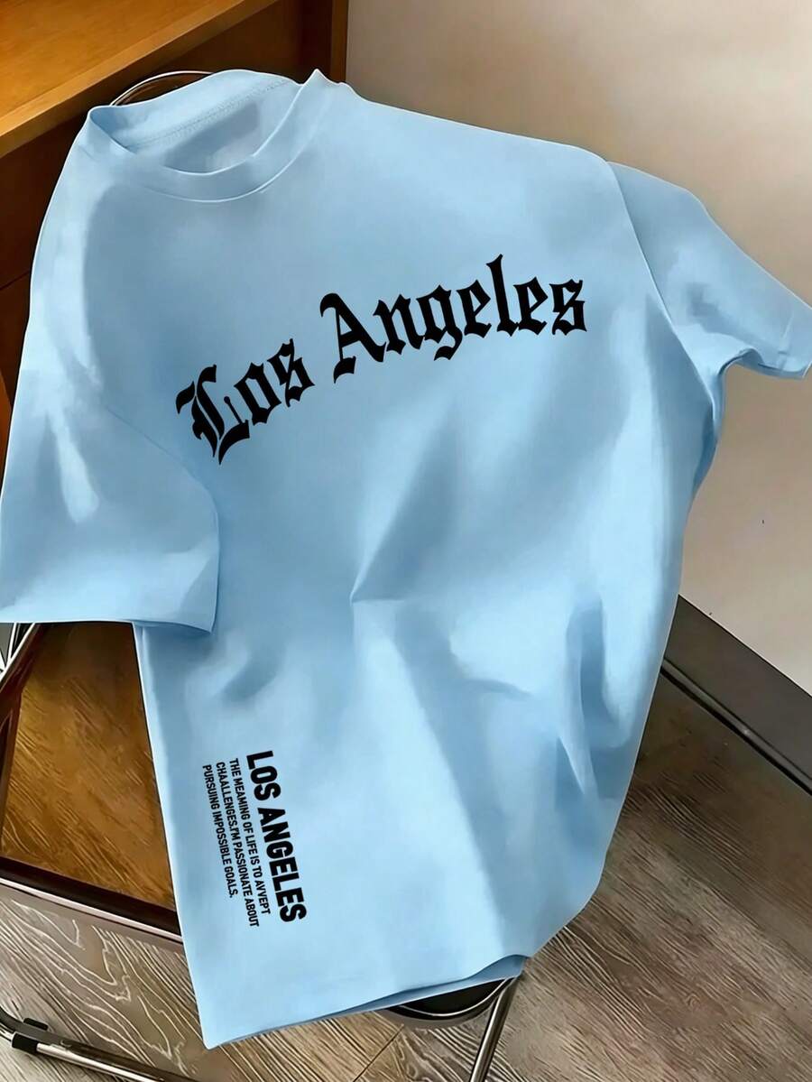 青少年男孩 - 印有「Los Angeles」文字的勵志口號印花T恤,時尚男孩夏季上衣 - 淺藍色 - 查看 1