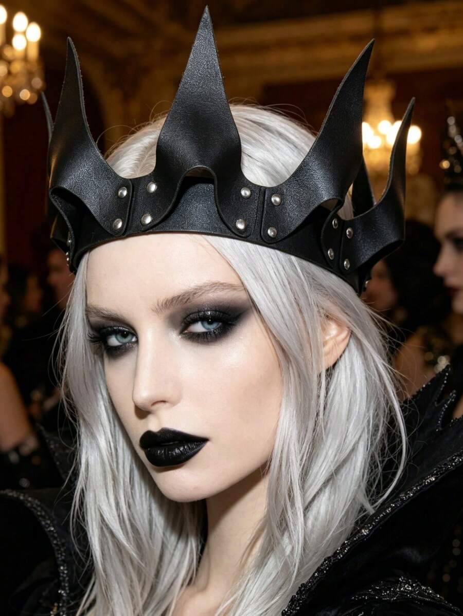 1 PC Gothic Punk PU Leather Crown Headpiece - Dark Style Halloween Cosplay Costume Accessory With Rivet Decoration, Carnival Party Role-Play Headband For Men And Women, Fantasy Theme Styling Accessory - Headdress - View 1