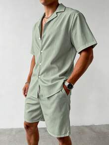 Men's 2-Piece Vacation Set, Old Money Style Textured Fabric Solid Color Cuban Collar Button-Up Shirt, Elastic Waist Shorts, Loose Fit Neutral White Linen, Gift For Husband - Green - View 4