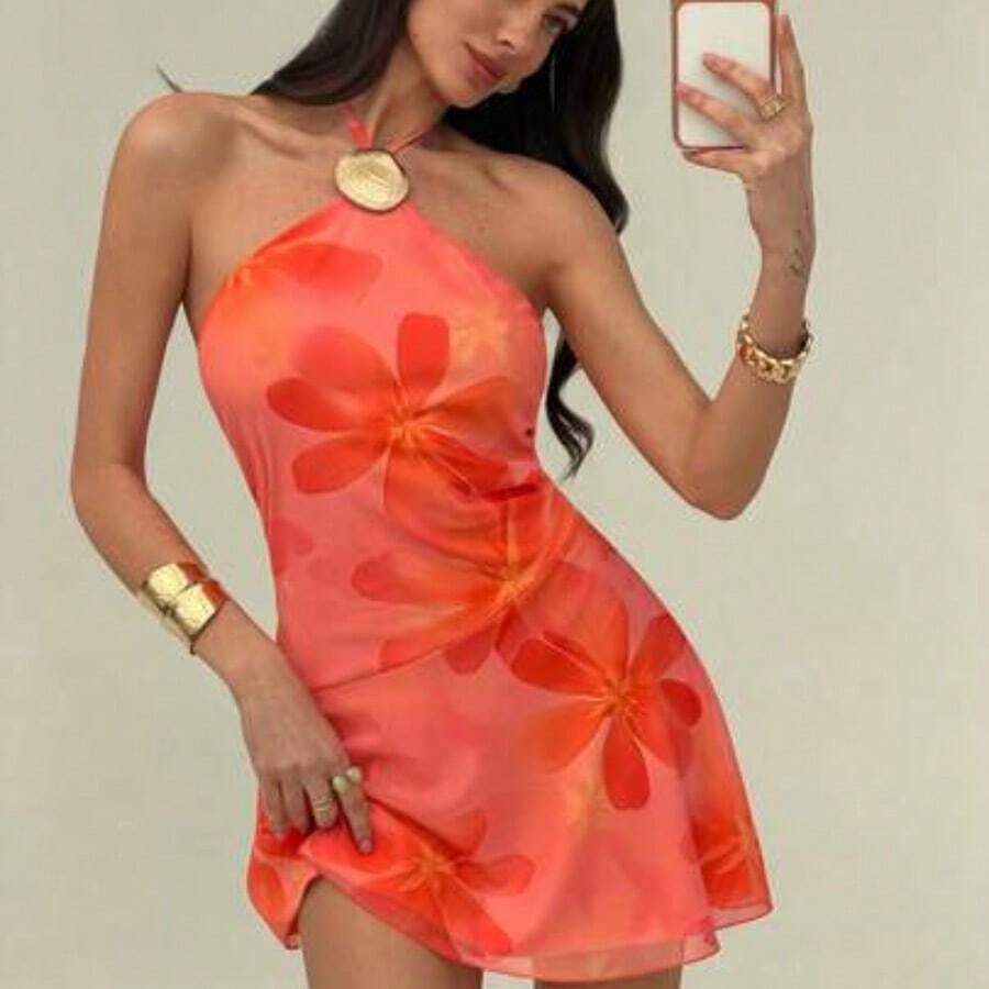 dahkjdgajy Vestido mini con estampado floral y cuello halter con lazo, adecuado para vacaciones, citas y salidas - Rosa - Ver 1