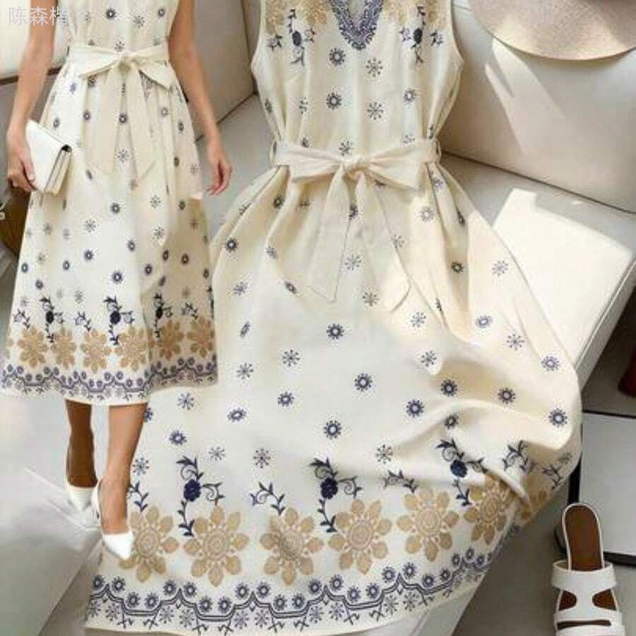 xuehuamaoyi02 Vestido de mujer con estampado, cuello en V, sin mangas y cintura ceñida, con estilo elegante y de vacaciones a la francesa - Albaricoque - Ver 1