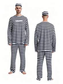 1 Set Uniforme de prisionero de estilo anime para Halloween, disfraz clásico de raya de convicto para actuación en el escenario para hombres - Blanco y Negro - Ver 2