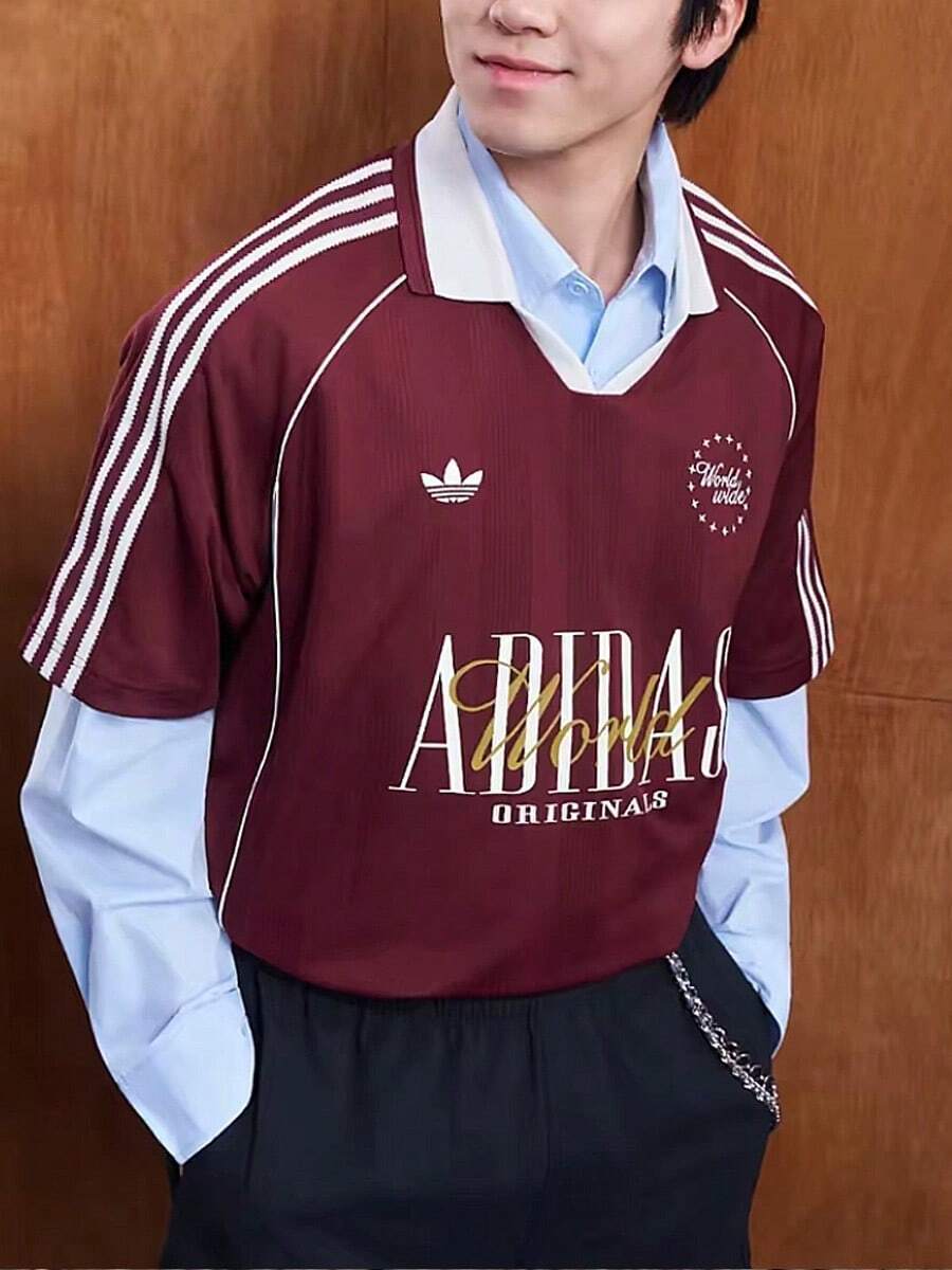 Adidas Originals Men's Short-Sleeve T-Shirt, Stylish, Comfortable, Retro Striped V-Neck Pullover Polo Shirt KY2193 - Burgundy - View 1